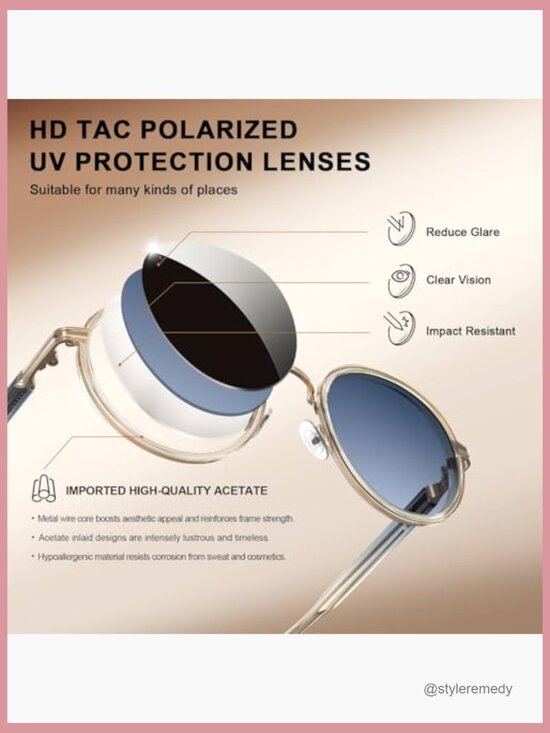 Retro Round Sunglasses for Women Polarized UV Protection Durable Acetate-Metal main image 6